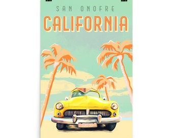 Poster di surf di San Onofre, California. Decorazione murale vintage a tema surf e viaggi. Atmosfera estiva per surfisti. Stampa artistica californiana di tendenza.