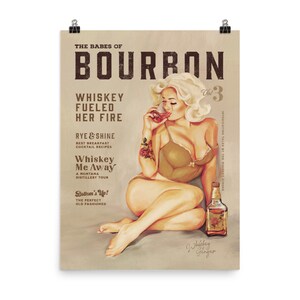 Babes Of Bourbon Vol. 3 Poster. Sexy Vintage Whiskey Pinup Girl Art Print. Cool Retro Art For Home Bar, Kitchen, Man Cave Decor
