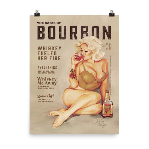The Babes Of Bourbon Vintage Pinup Art Print. Retro Whiskey Wall Art. Sexy Pin Up Poster. Mid Century Bar Decor. Cool Bourbon Lover Gifts