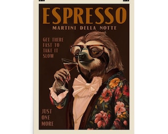 Espresso Martini Sloth Poster, Bar Cart Wall Art, Speakeasy Cocktail Lounge Art Print, Funny & Quirky Alcohol Drinker Home Decor