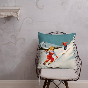 Pinup Ski Art Premium Pillow - A Great Gift Idea For Any Skier, Snowboarder Or Retro Skiing Art Fans! Vintage Pin Up Ski Home Decor Pillows