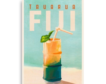 May include: A vintage-style travel poster featuring the text "Tavarua Fiji" in orange and white letters. The poster depicts a tropical drink with a green garnish and a straw in a tall glass with a bamboo-like design. The background is a light blue colour.