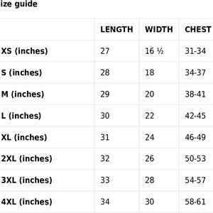 May include: Size guide chart for clothing with measurements in inches. The chart shows the length, width, and chest measurements for sizes XS to 4XL.