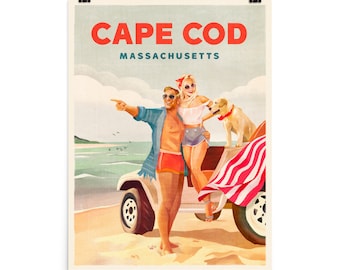 Vintage Cape Cod Poster. Cape Cod Travel Print. Retro Pinup Couple In A Jeep Beach Art. Summer Beach House Aesthetic. Nautical Ocean Poster