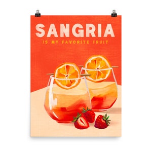 Póster "La sangría es mi fruta favorita" / Impresión artística divertida para amantes del vino español / Arte mural colorido con sangría / Decoración de bar de cócteles / Arte retro español