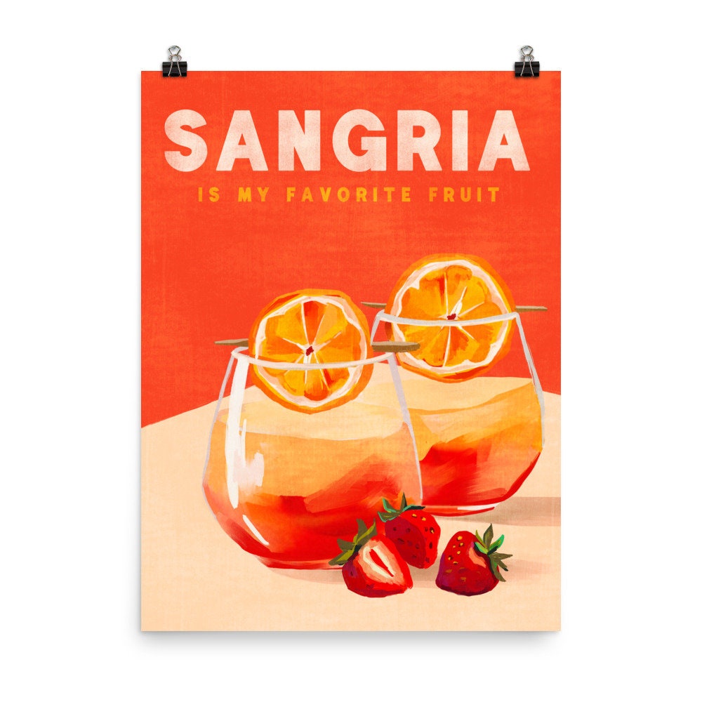 Pôster "Sangria é minha fruta favorita" | Impressão artística engraçada sobre amantes de vinho espanhol | Arte de parede colorida sobre sangria | Decoração de bar de coquetéis | Arte retrô espanhola