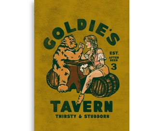 Goldie's Tavern Poster: Funny Pin Up Girl Arm Wrestling Bear
