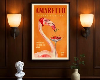 Amaretto Flamingo Poster, Retro Cocktail Bar Wall Art, Quirky Kitchen Decor, Italian Aperitivo Alcohol Pink Cherries Poster