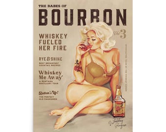 Bourbon Whiskey Pinup Poster Print | Vintage Pin Up Girl Wall Art | Retro Cocktail Bar Decor | Mid Century Kitchen Art | Speakeasy Lounge