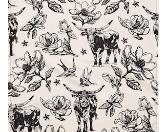 Longhorn Cattle Western Bandana | Texas Football Game Day Scarf | Cowboy Cowgirl Rodeo Neckerchief | Black & Cream Longhorn Floral Pattern
