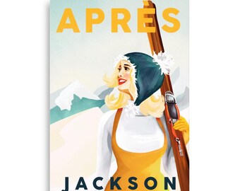 Jackson Hole Wyoming Ski Poster, Nostalgic Skiing Wall Art, Retro Pinup Girl Skier Decor, Romantic Travel Posters & Art Print Gifts