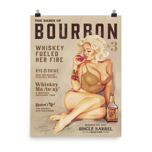 The Babes Of Bourbon Retro Alcohol Poster. Vintage Pinup Girl Drinking Whiskey Ginger Wall Art Print. Cute Lingerie Blonde Gift Bar Decor