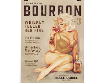 The Babes Of Bourbon Retro Alcohol Poster. Vintage Pinup Girl Drinking Whiskey Ginger Wall Art Print. Cute Lingerie Blonde Gift Bar Decor
