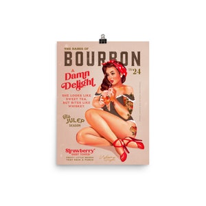 Babes Of Bourbon Pinup Poster. Rosie The Riveter Retro Wall Art. Burlesque Rockabilly Pin Up Art Print. Tattoo Girl Whiskey Cocktail Poster