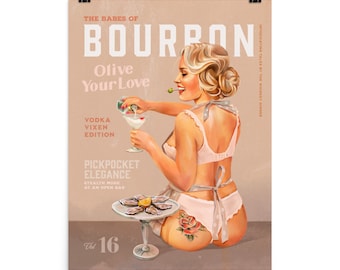 Vintage Pin Up Girl Martini Poster. Bourbon Whiskey Wall Art. Retro Pinup Bar Art. Man Cave Alcohol Prints & Cocktail Lounge Decor