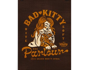 Bad Kitty Pin Up Dive Bar Poster. Cocktail Lounge Wall Art. Retro Alcohol Art Prints. Tiger Lover Gift Decor. Speakeasy & Home Bar Art Print