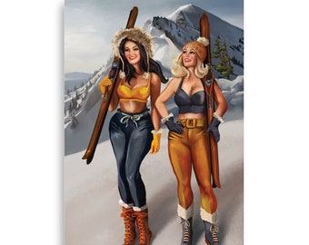 May include: Two women in vintage ski attire stand on a snowy mountainside, holding skis. One woman wears a yellow top and blue pants, while the other wears a black top and orange pants. Both women are wearing fur-trimmed hats and gloves.