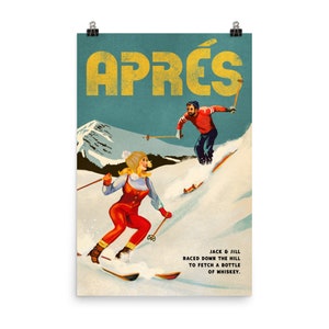 Póster de pareja esquiando después de esquiar. Arte mural retro de esquí. Decoración vintage para esquiadores y snowboarders. Póster genial de deportes de invierno de los años 60 y 70.