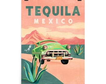 Tequila Mexico Art Print, Pastel Alcohol Art. Vintage Car Road Trip Poster
