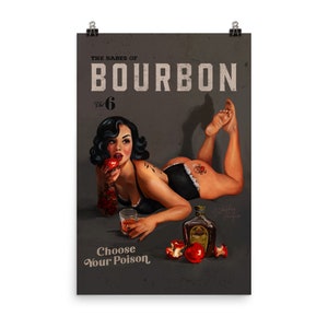 Babes Of Bourbon Vintage Pin Up Wall Art, Retro Whiskey Bar Art Print,  Nostalgic Cocktail Decor Gifts, Romantic Mid Century Art