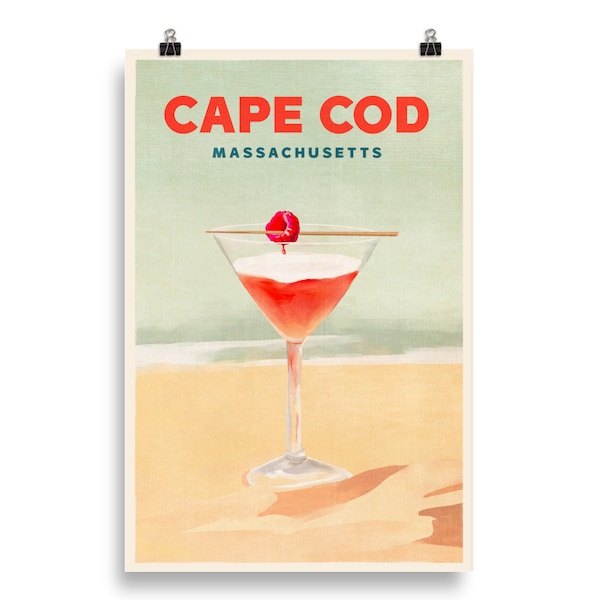 Cape Cod Massachusetts Poster | Vintage Cape Cod Travel Art | Retro Cocktail Art | Cape Cod Art Print | Beach Bar Decor | Boat Drinks Poster