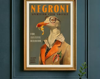 Negroni Seagull Cocktail Art Print, Speakeasy Lounge Bar Poster, Retro Vintage Alcohol Ad, Mid Century Boho Kitchen Wall Art, Art Deco Vibes