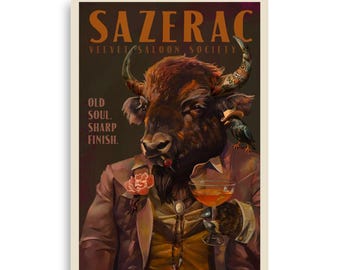 Sazerac Cocktail Buffalo Poster. Rye Whiskey Alcohol Art. Vintage Liquor Cocktails Drinking Wall Art For Bar, Kitchen. Classy Bison Poster