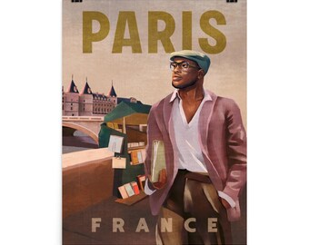 Vintage Paris Travel Poster: French Man on Seine River Bridge