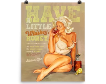 Whiskey Honey Pinup Poster Print | Bourbon Cocktail Recipe Wall Art | Vintage Pinup Girl Retro Bar Poster | Mid Century Kitchen Decor
