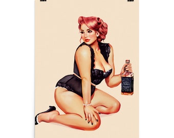 Vintage Whiskey Pinup Poster. Sexy Pin Up Girl Art. Retro Whiskey Bar Decor. Vintage Alcohol Wall Art. Cute, Curvy Rockabilly Redhead Poster