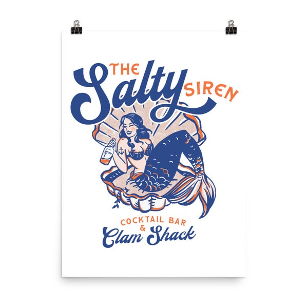 Retro Nautical Mermaid Poster Print With A Tattoo Pinup Girl: The Salty Siren Cocktail Bar & Clam Shack. Home Bar Decor, Vintage Travel Art