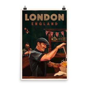 London, England Vintage Reisekunst. Bartender Taproom Bar Poster. Retro London Wandkunst. Home Bar & Man Höhle Reise Geschenk Dekor