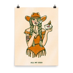 Póster de "Todos mis exes". Lámina artística de una vaquera angustiada del oeste. Arte mural sobre exnovios y divorcios. Arte anti-San Valentín. Lámina de carta de amor para mujeres.