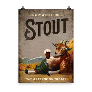 Funny Stout Beer Poster. Cute Goat Relaxing & Drinking A Beer. Cool Bar Art For The Kitchen, Den Or Man Cave! Retro Vintage Alcohol Wall Art