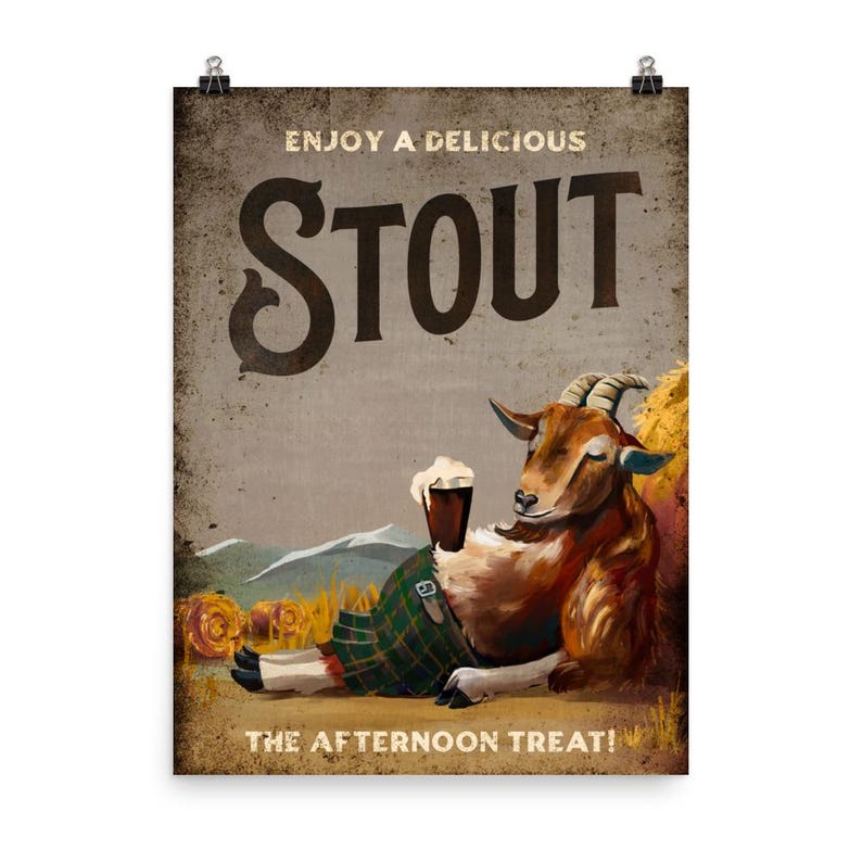 Funny Stout Beer Poster. Cute Goat Relaxing & Drinking A Beer. Cool Bar Art For The Kitchen, Den Or Man Cave! Retro Vintage Alcohol Wall Art