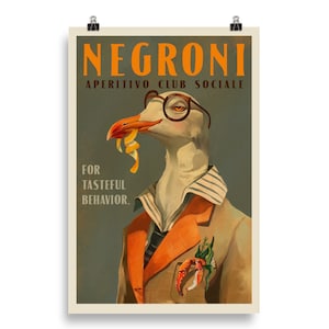 Vintage Art Deco Negroni Plakat. Coole Cocktailbar Kunst einer Möwe. Retro Alkohol Wandkunst. Tasteful Man Höhle & Küche Cocktails Kunstdruck