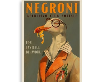 Vintage Art Deco Negroni Poster. Cool Cocktail Bar Art Of A Seagull. Retro Alcohol Wall Art. Tasteful Man Cave & Kitchen Cocktails Art Print