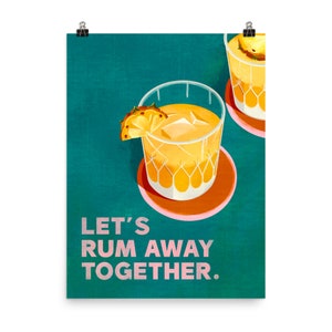 Grappige poster rumdrinker. Let&#39;s Rum Away Together kunstprint. Tropisch Pina Colada Tiki-bardecor. Muurkunst retro alcoholkeuken en strandbar