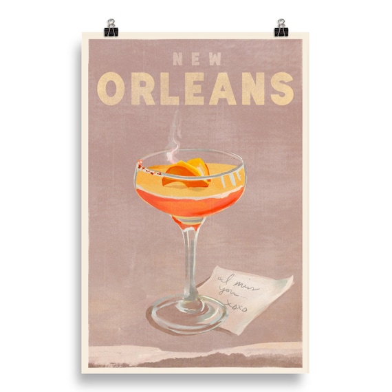 New Orleans, Louisiana: Vintage Travel Art Cocktail Illustration Poster