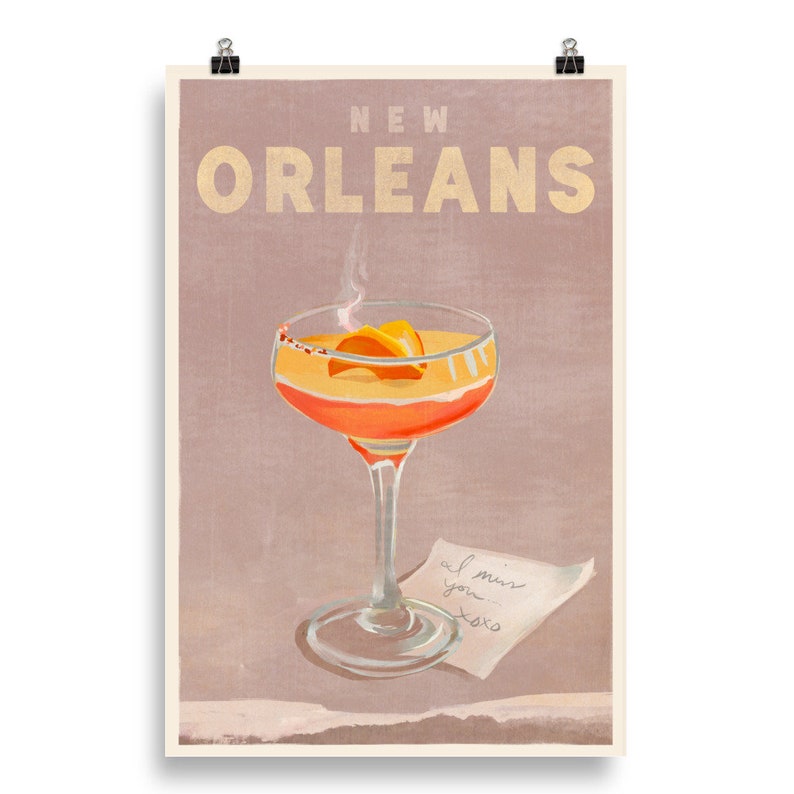 New Orleans, Louisiana: Vintage Travel Art Cocktail Illustration Poster