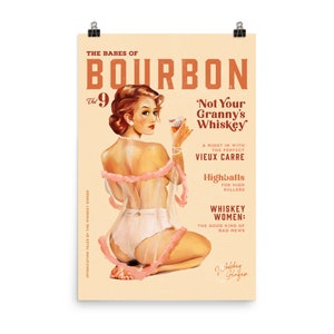 Bourbon Whiskey Pin Up Girl Print. Retro Bar Cart Wall Art. Vintage Cocktail Poster, Funny Whiskey Lover Gift, Speakeasy Decor