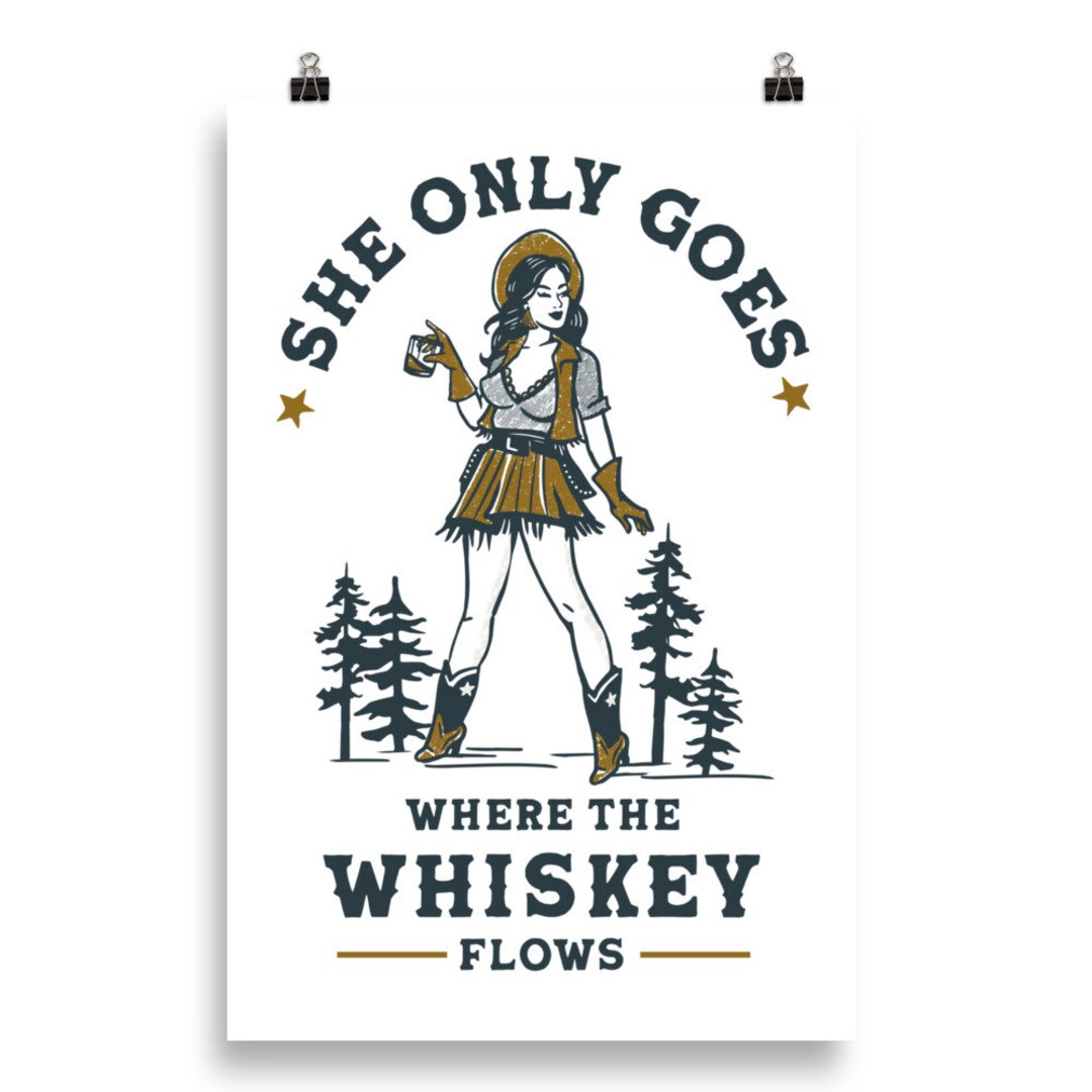 Whiskey Drinking Cowgirl Poster. Retro Western Cowgirls Bar Decor. Cute