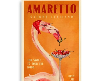 Vintage Art Deco Amaretto Poster. Cool Liqueur Print Of A Flamingo Eating A Cherry And Tying Stem Knot. Retro Alcohol Kitchen & Bar Wall Art