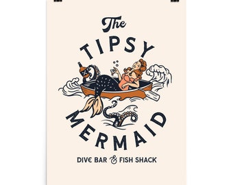 Vintage Mermaid Dive Bar Poster. Retro Nautical Wall Art Decor For Man Cave. Alcohol Art Posters For Home Bar, Kitchen