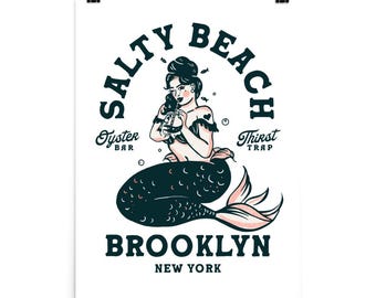 Brooklyn Mermaid Poster: Salty Beach Oyster Bar Art