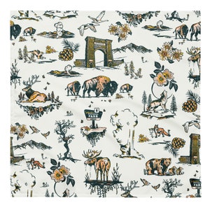 May include: A square, cream-coloured bandana featuring a repeating pattern of Yellowstone National Park scenes. The design includes bison, elk, wolves, and a park sign, in shades of brown, gold, and black.