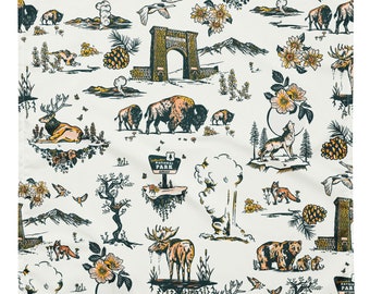 Bandana du parc national de Yellowstone. Cadeau bandanas western pour hommes et femmes. Écharpe à motif buffle et faune pour les touristes du Wyoming et du Montana.