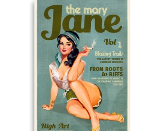 Mary Jane Cannabis Poster. Marijuana Wall Art. Boho Chic Bedroom Refresh Ideas. Sexy Cannabis Pin Up Art Print. Retro Vintage Bohemian Decor