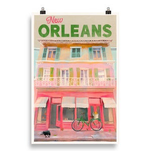 New Orleans Louisiana Poster. Vintage, Colorful & Vibrant NOLA Travel Art Print. Downtown Bourbon Street Mardi Gras Architecture Wall Art