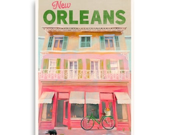 New Orleans Louisiana Poster. Vintage, Colorful & Vibrant NOLA Travel Art Print. Downtown Bourbon Street Mardi Gras Architecture Wall Art